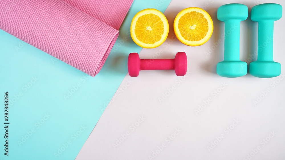 Health And Fitness Concept Flat Lay With Exercise Equipment On Modern  Colorful Background With Copy Space. Stock Photo, Picture and Royalty Free  Image. Image 128652210.