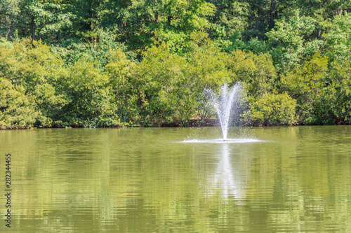 Neighborhood Fountain  and Pond or Lake   Neighborhood water fountain  and pond or lake with thick green forest backdrop.  Peace and serenity concept.