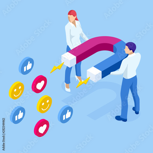 Isometric social media likes and follows or marketing magnet engaging followers concept.