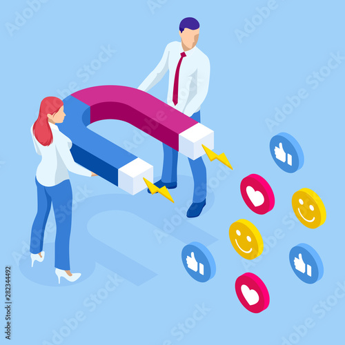 Isometric social media likes and follows or marketing magnet engaging followers concept.