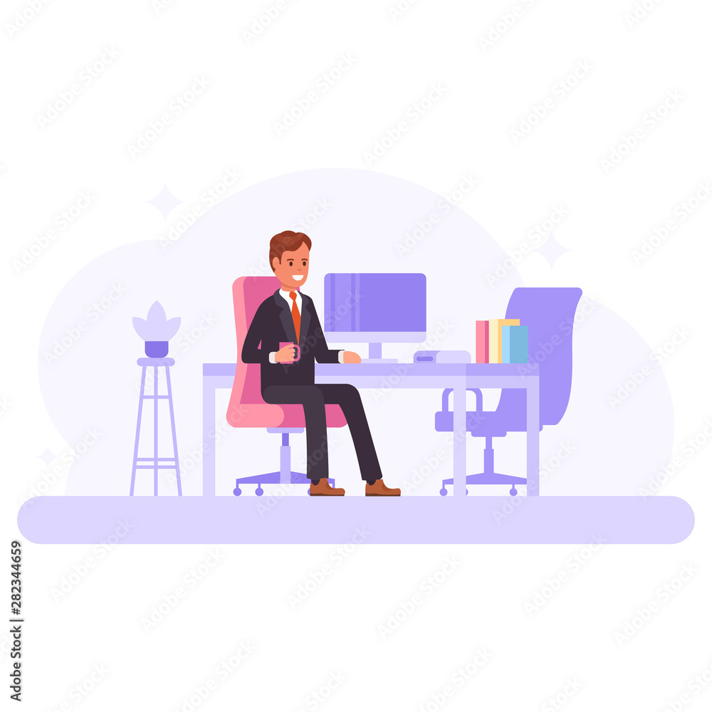 Modern workplace concept in office room with man worker character.