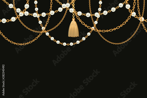 Background with golden metallic necklace. Tassel, pearls and chains. On black. Vector illustration