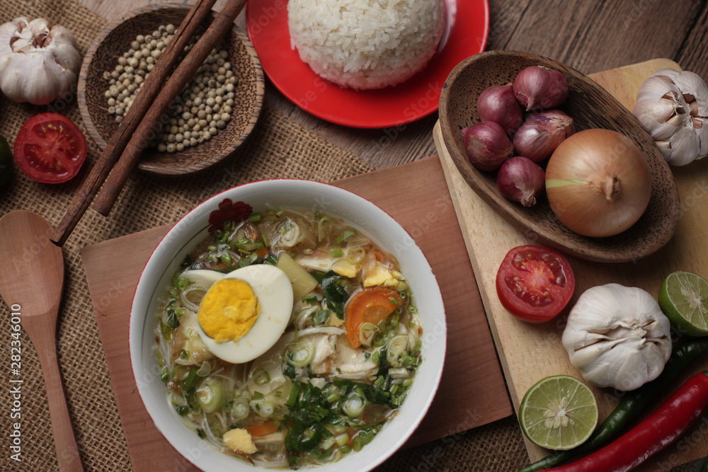 Indonesian chicken soto or soto ayam, served with white rice