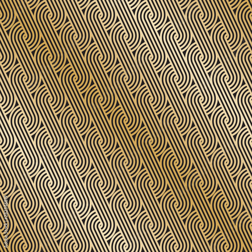 Seamless gold Art Deco curling wave pattern background