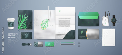 Nature, cosmetic, vegan shop or cafe – corporate identity branding mockup template. Realistic premium stationery package set. Folder A4, letterhead, envelope and visiting card. Green style with leaves