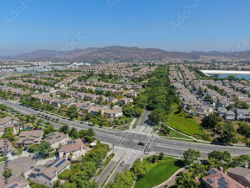 Aerial view suburban neighborhood with big villas next to each other in Black Mountain, San Diego, California, USA. Aerial view of residential modern subdivision luxury house.