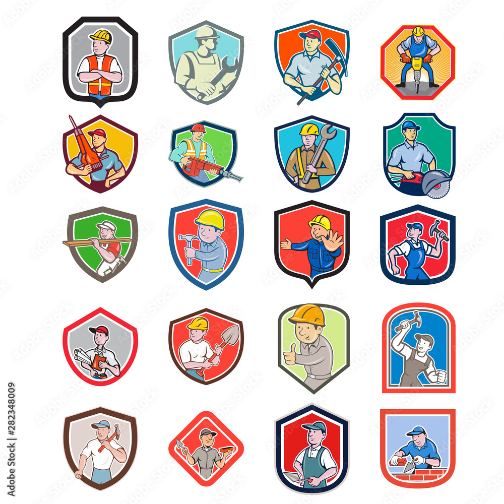 Set or Collection of cartoon character icon style illustration of construction worker, carpenter,engineer or builder set in crest or shield on isolated white background. Set or Collection of cartoon character icon style illustration of construction worker, carpenter,engineer or builder set in crest or shield on isolated white background.