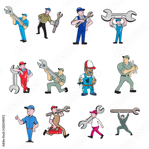 Set or Collection of cartoon character style illustration of mechanic, technician, tireman, auto mechanic or industrial worker in full body on isolated white background.