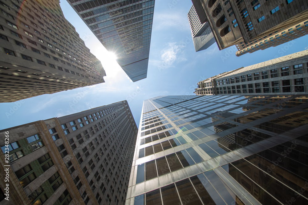 Corporate office building towers low angle