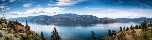 Panoramic View of Okanagan Lake from Knox Mountain Park located at Kelowna British Columbia Canada photo