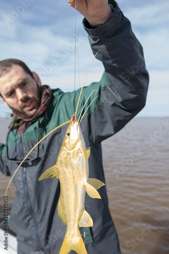 Fisherman fishing yellow catfish at Rio de la Plata River in Argentina