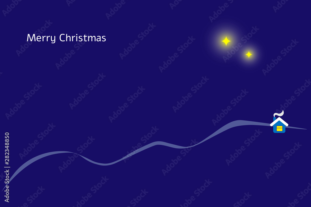 Merry Christmas landscape vector. Postcard for Christmas, Celebration . The backdrop of the landscape is night sky color. There is a small house on the hill. Christmas greeting card. Merry Christmas landscape vector. Postcard for Christmas, Celebration . The backdrop of the landscape is night sky color. There is a small house on the hill. Christmas greeting card.