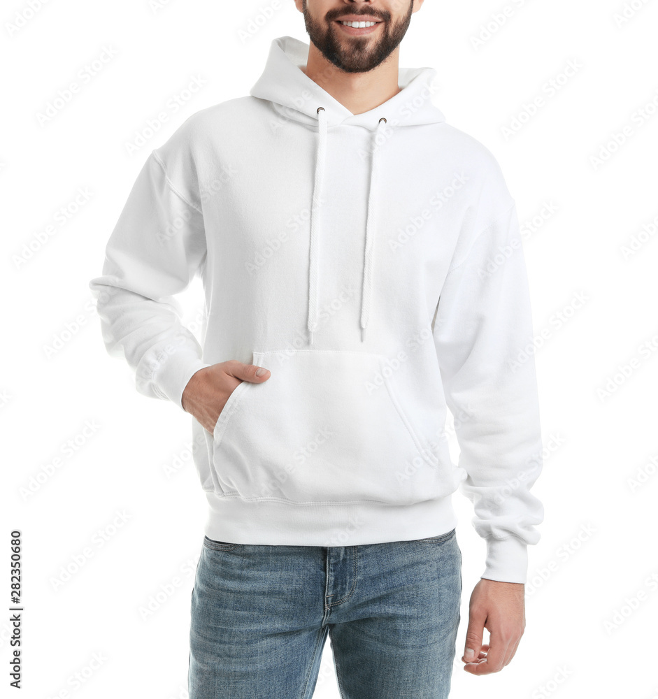 Young man in sweater isolated on white, closeup. Mock up for design Young man in sweater isolated on white, closeup. Mock up for design