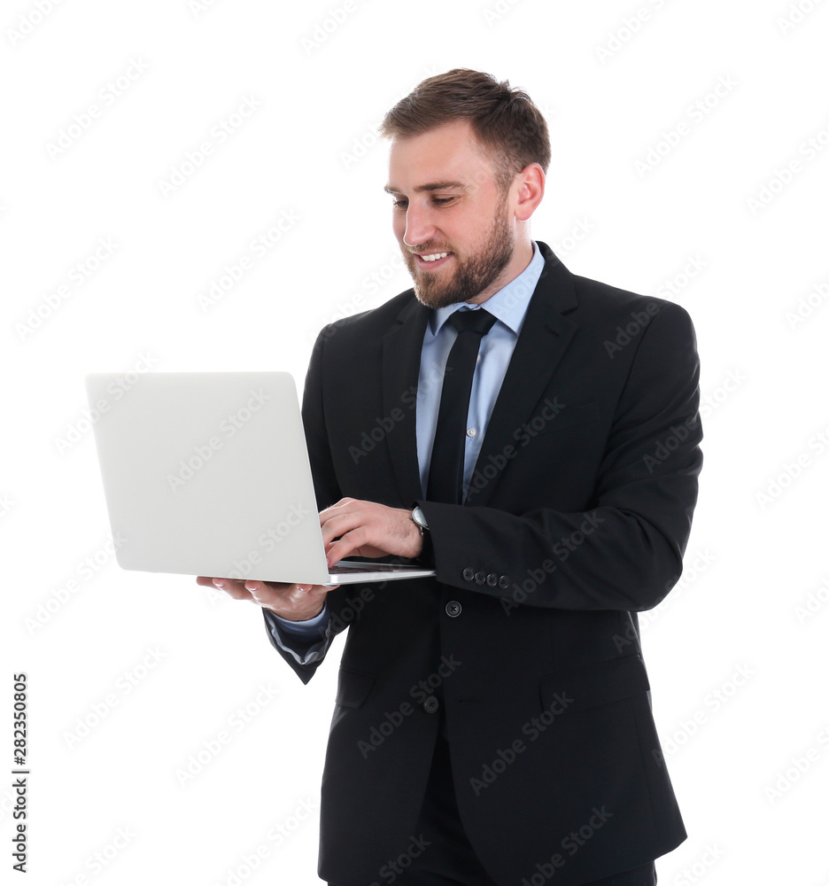 Happy young businessman using laptop on white background Happy young businessman using laptop on white background