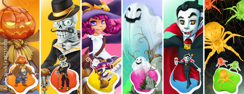 Happy Halloween. Scarecrow pumpkin, skeleton, witch, ghost, vampire, spider. 3d vector background