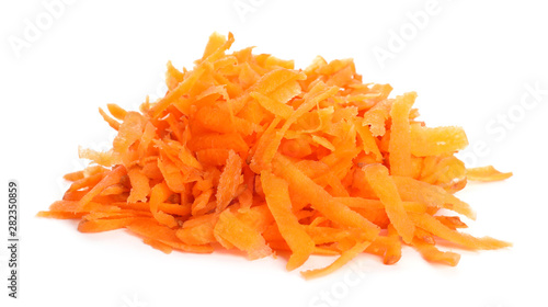 Pile of raw grated carrot isolated on white