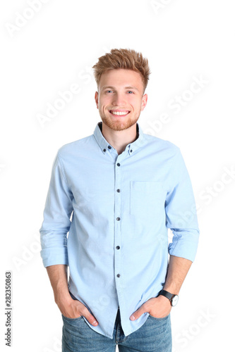 Portrait of handsome young man on white background