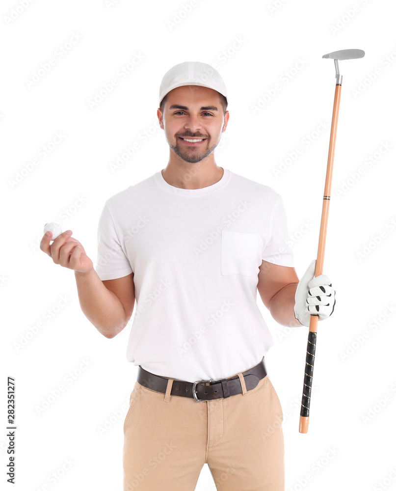 Portrait of young man with golf club and ball on white background Portrait of young man with golf club and ball on white background