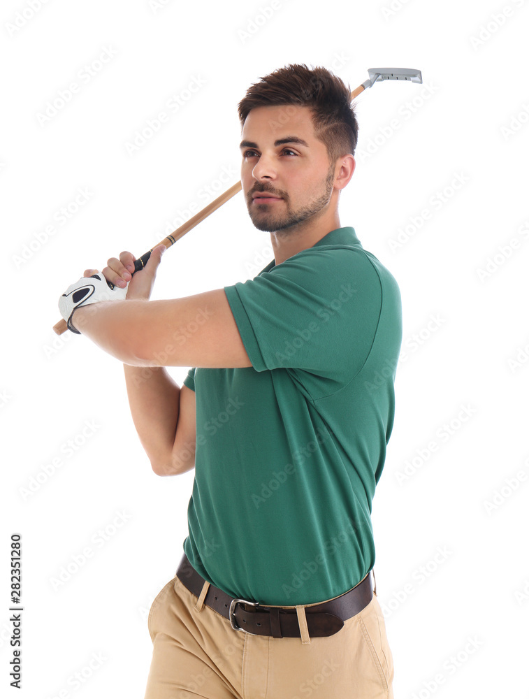 Young man playing golf on white background Young man playing golf on white background