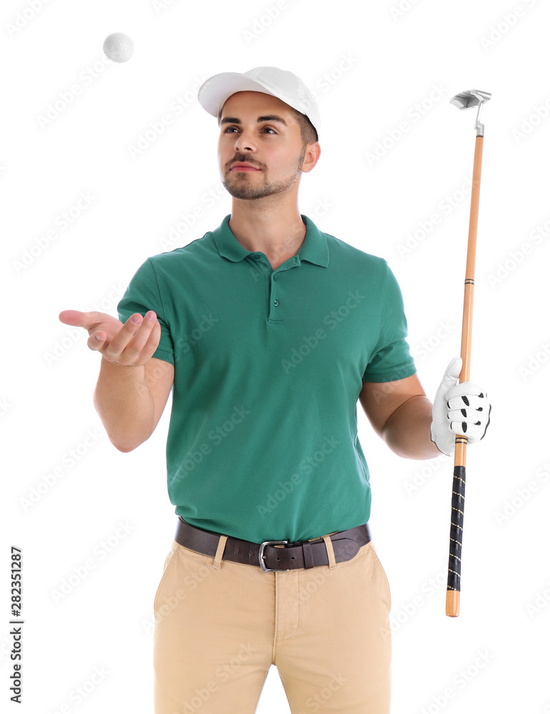 Portrait of young man with golf club and ball on white background Portrait of young man with golf club and ball on white background