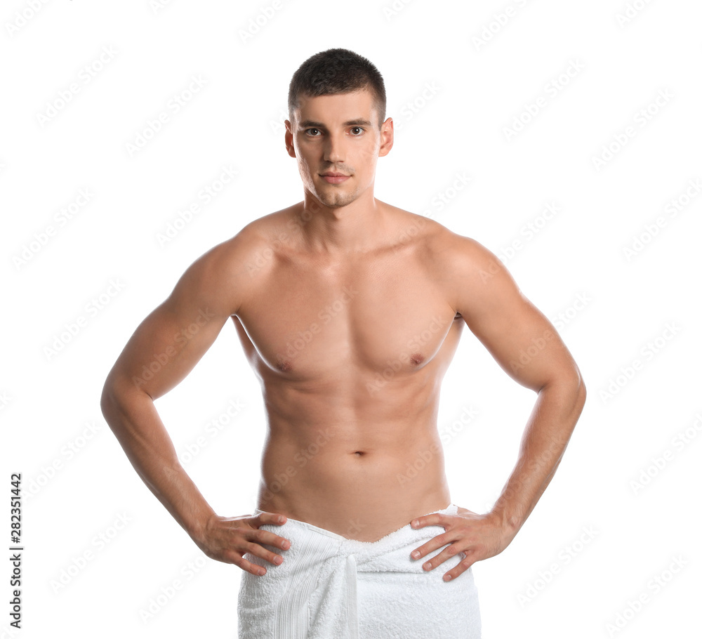 Young man with slim body on white background