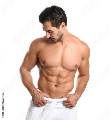 Young man with slim body on white background