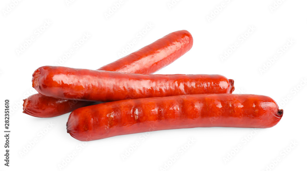 Delicious grilled sausages on white background. Barbecue food Delicious grilled sausages on white background. Barbecue food