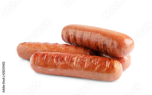 Delicious grilled sausages on white background. Barbecue food