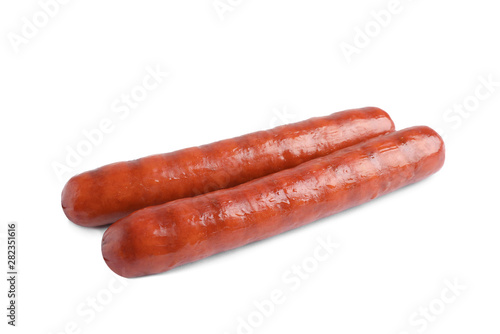Delicious grilled sausages on white background. Barbecue food