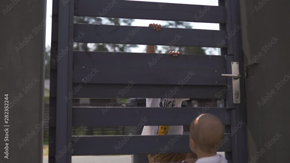 Young mother with her baby boy son brothers climbing on a garden fence - Family values warm color summer scene Young mother with her baby boy son brothers climbing on a garden fence - Family values warm color summer scene