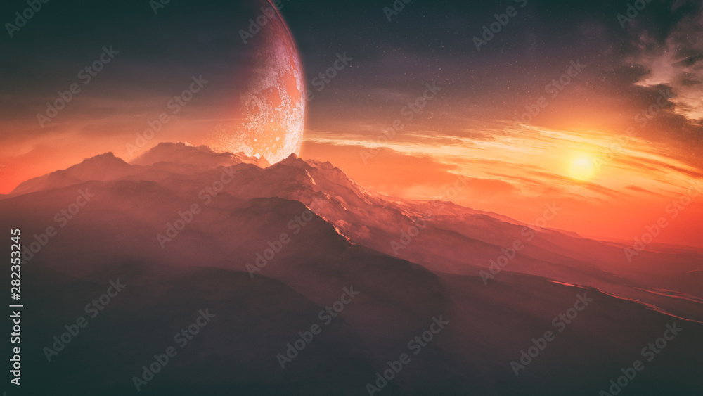 Naklejka premium majestic alien planet environment with epic fantasy sky concept art 