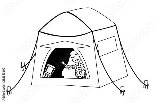 Tent and woman cartoon vector design