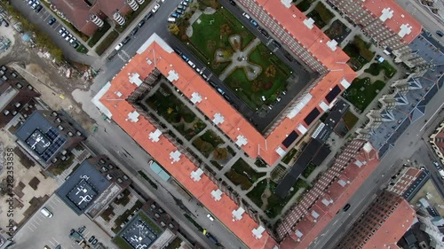 Aerial: Buildings, Courtyard Gardens and Superkilen Park in Copenhagen, Denmark photo