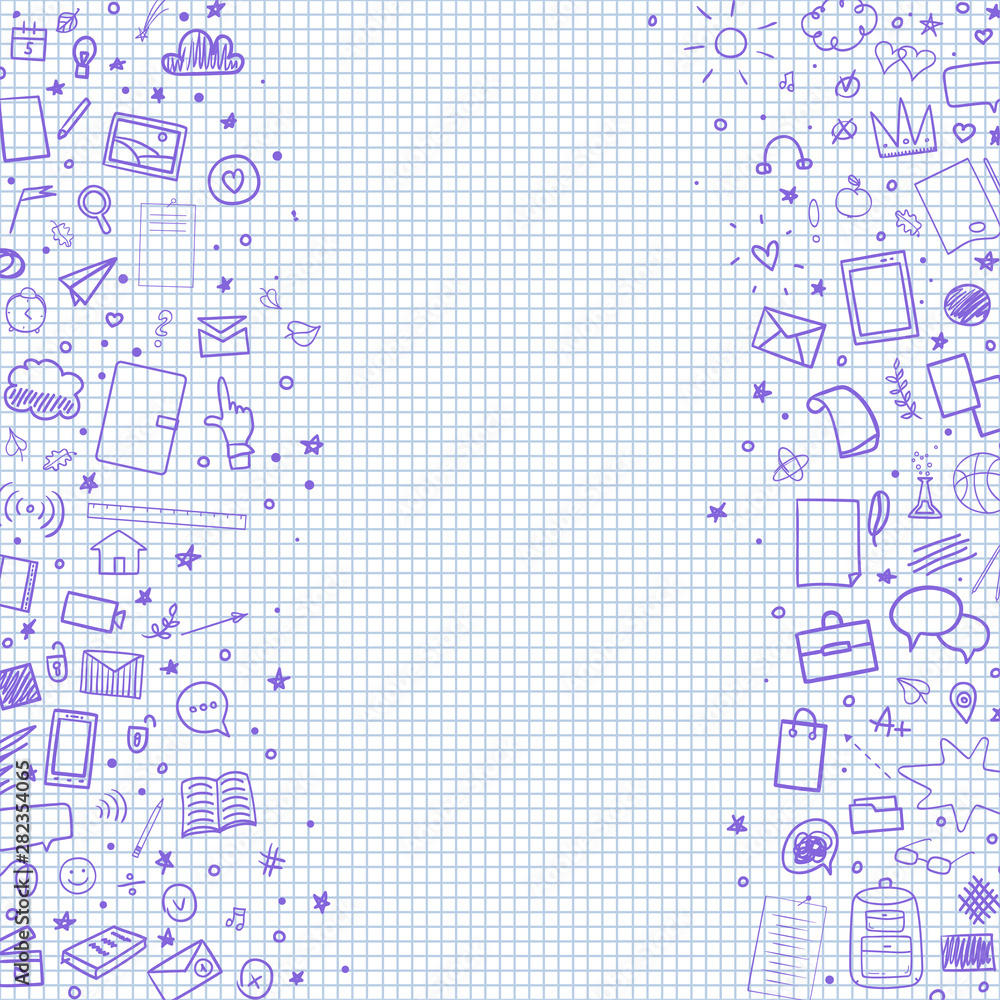 Obraz premium Abstract pattern with school supplies. Graphic paper background. Checkered texture. Back to school. Hand drawn elements. Education concept