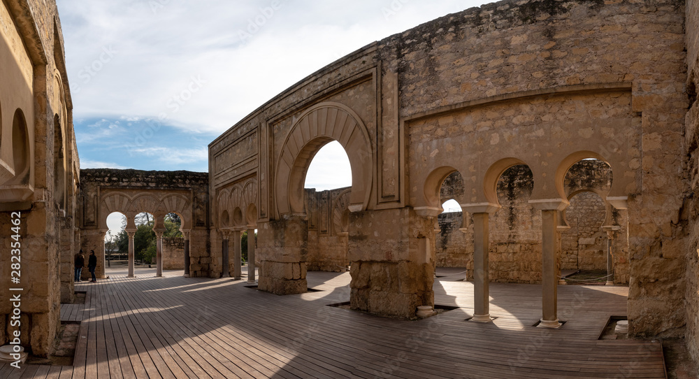 A panoramic view of the Medina Azahara palace and part of a vast fortified Moorish medieval palace-city from Cordoba, Spain