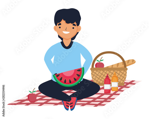 Man cartoon having picnic design
