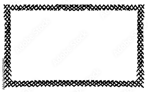 Scribble hatching criss cross along the rim frame rectangle. Hand drawn symbols. Sketches shaded and hatched badges and stroke shapes. Monochrome vector design elements. Isolated illustration.