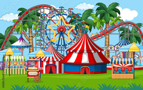 An outdoor funfair scene in park
