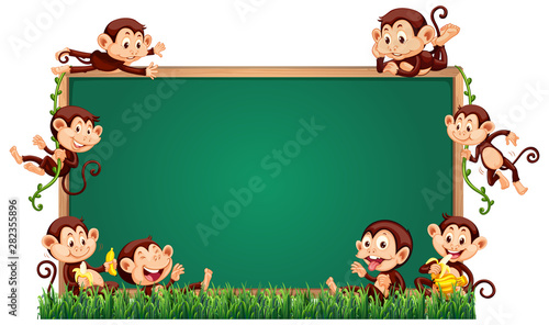 Border template with cute monkeys on grass