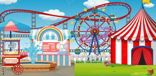 An outdoor funfair scene with roller coaster