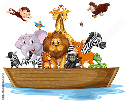 Many wild animals on rowboat