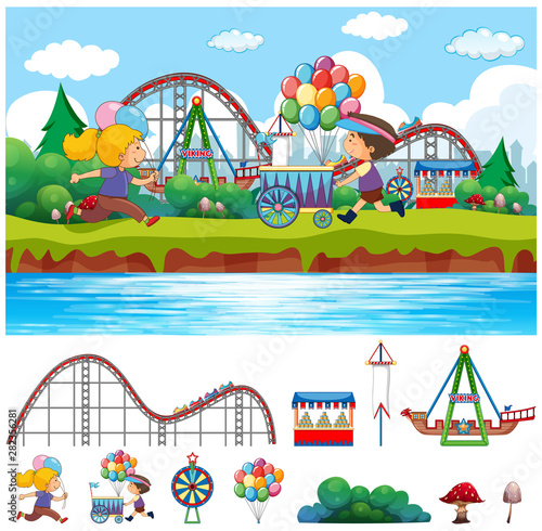 Scene background design with kids in circus park