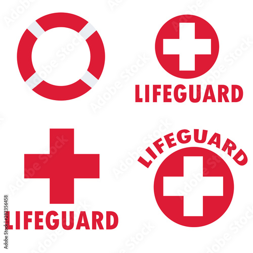 set of lifeguard icons on white background. flat style. set of beach labels and badges icon for your web site design, logo, app, UI. lifeguard symbol. lifeguard logo sign. photo