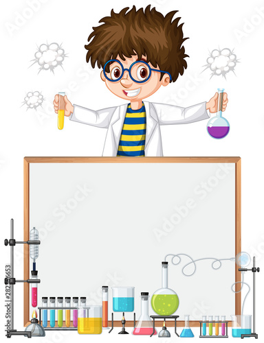 Frame template design with kid in science lab