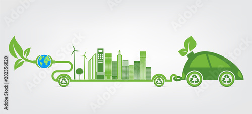Ecology and Environmental Cityscape Concept,Car Symbol With Green Leaves Around Cities Help The World With Eco-Friendly Ideas