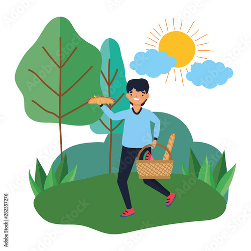 Man cartoon having picnic design