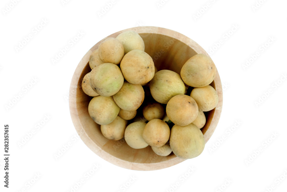 LongKong is placed on a wooden tray. Tropical fruit, Langsat, lanzones, Lansium parasiticum on a white background. - Image LongKong is placed on a wooden tray. Tropical fruit, Langsat, lanzones, Lansium parasiticum on a white background. - Image