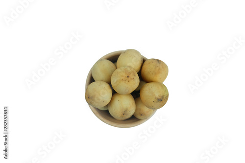 LongKong is placed on a wooden tray. Tropical fruit  Langsat  lanzones  Lansium parasiticum on a white background. - Image