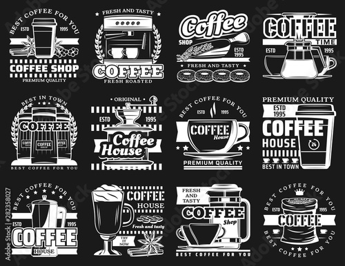 Coffee cups, espresso machine, latte mugs, beans