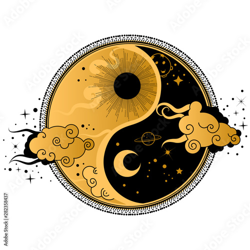 Yin Yang Tattoo Art Style Bohemian Logo Badge Sign With Sun Moon And Clouds Stock Vector Adobe Stock